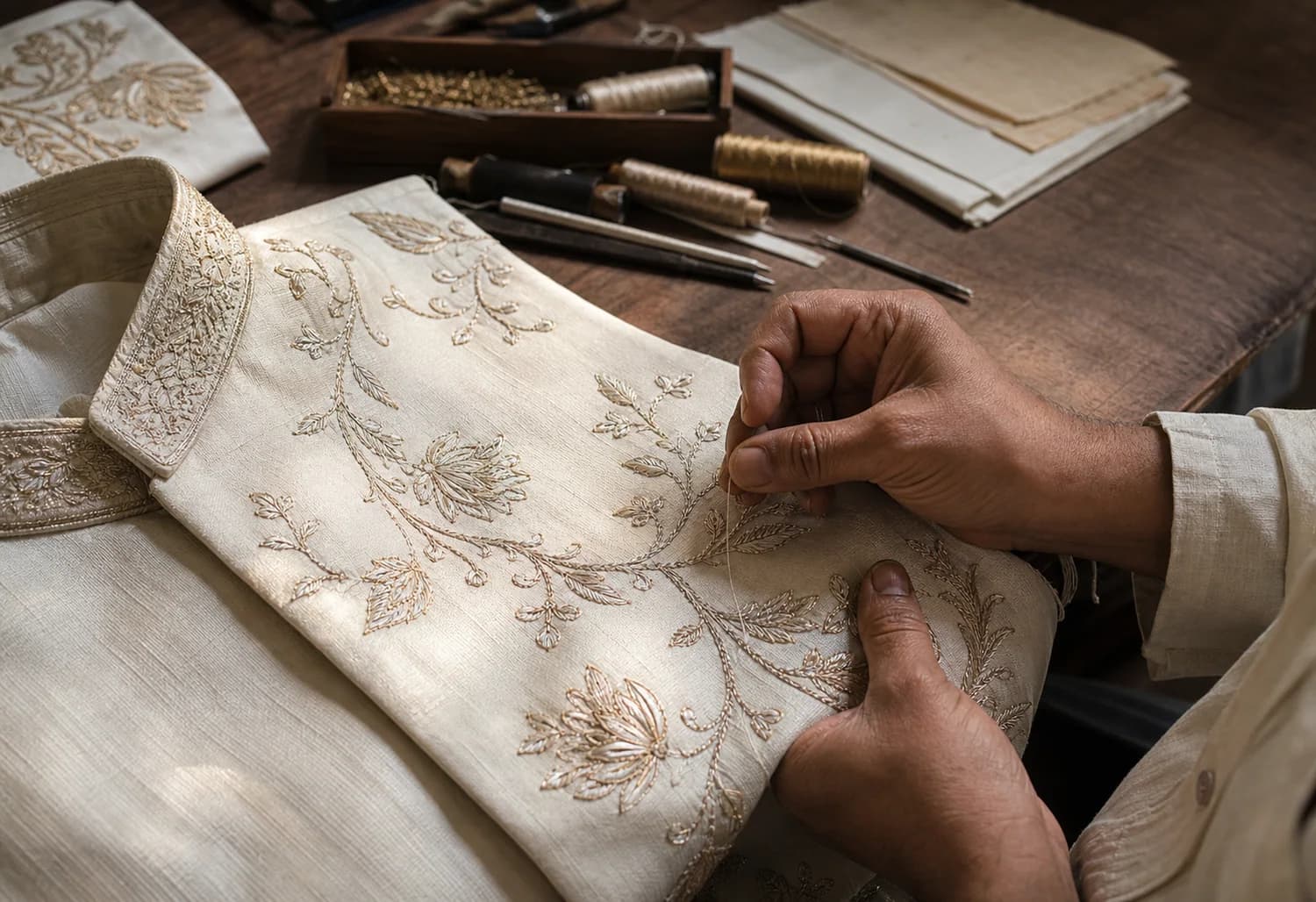 An artisan hand-embroidering an ivory sherwani panel