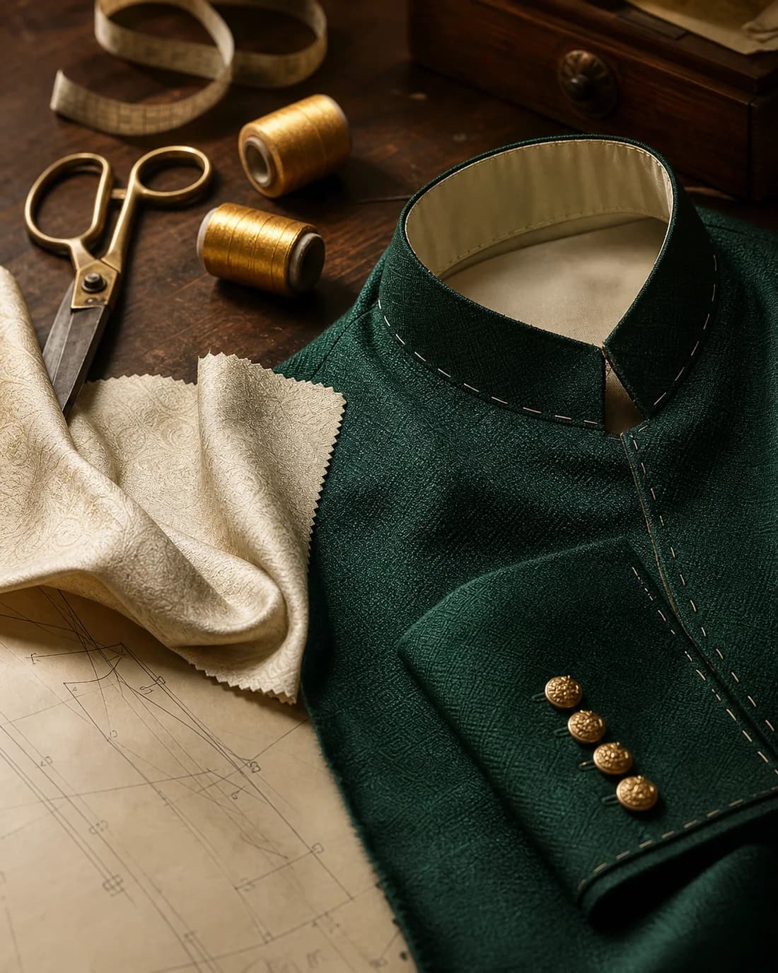 Emerald bandhgala construction with silk, thread, and tailoring tools