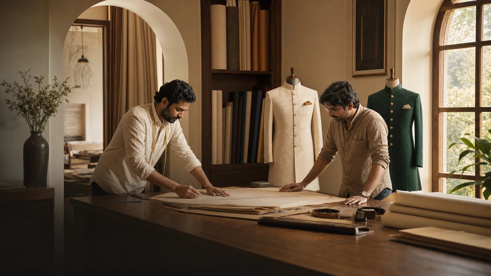 Indian tailors working around a cutting table in a refined atelier