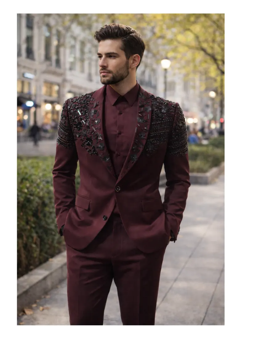 Burgundy Beaded Tuxedo Set